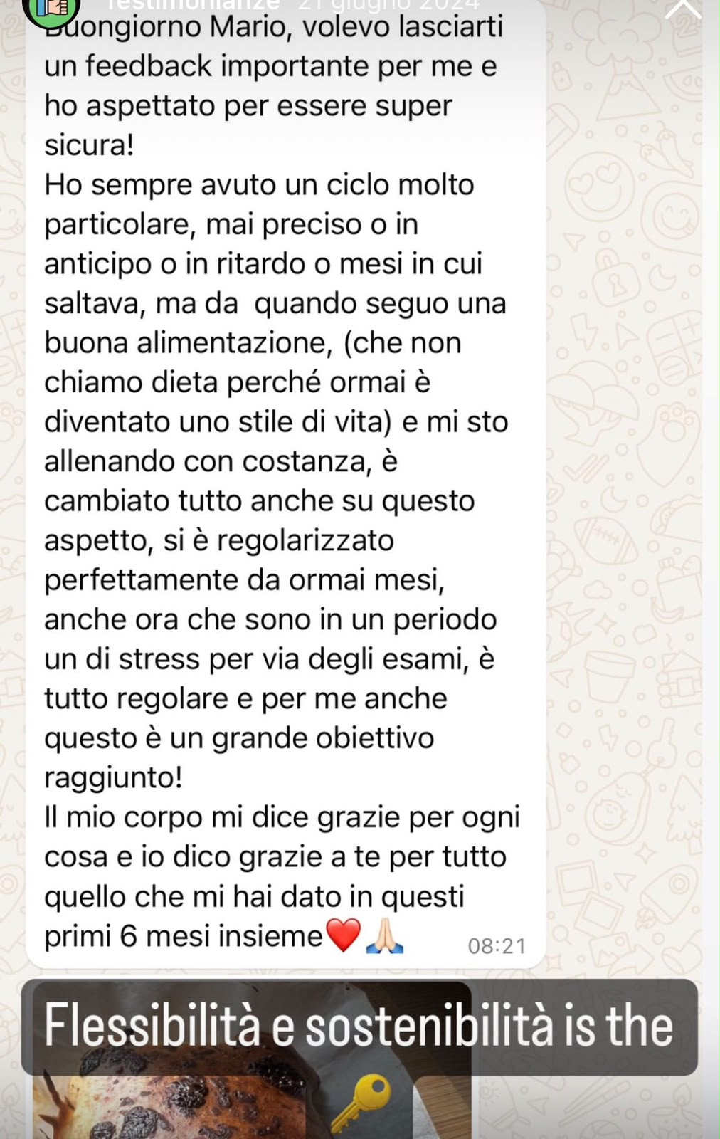 Messaggio WhatsApp su regolarità del ciclo dopo 6 mesi di percorso