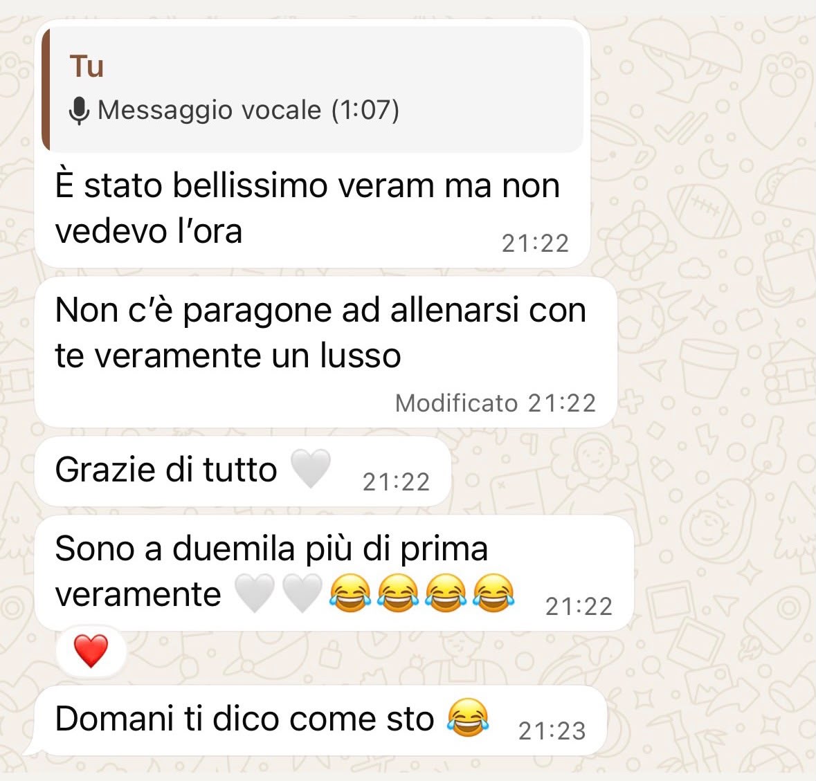 Messaggi WhatsApp dopo una sessione di allenamento in presenza