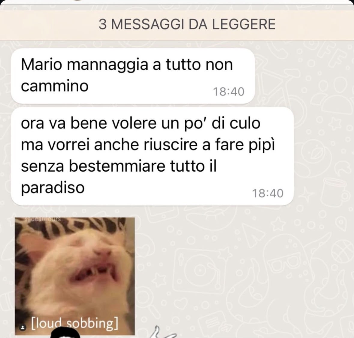 Messaggio WhatsApp ironico sui DOMS dopo l'allenamento