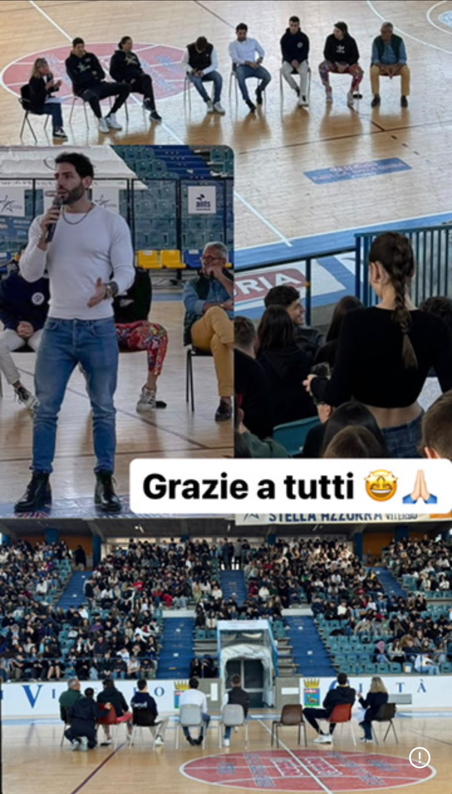 Mario Mattei durante un intervento formativo in un palazzetto pieno di studenti