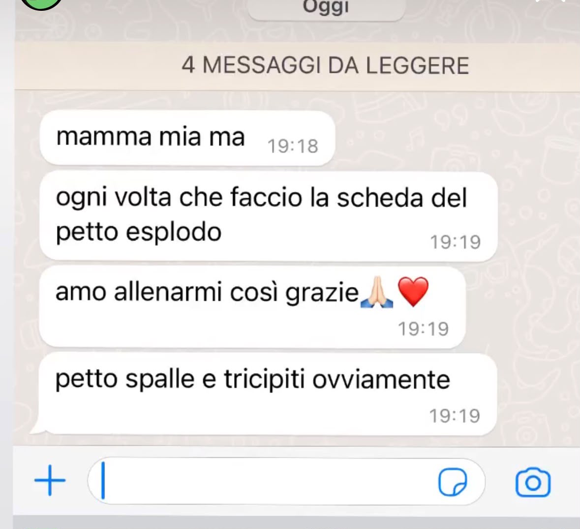 Messaggi WhatsApp di un cliente entusiasta della scheda di allenamento