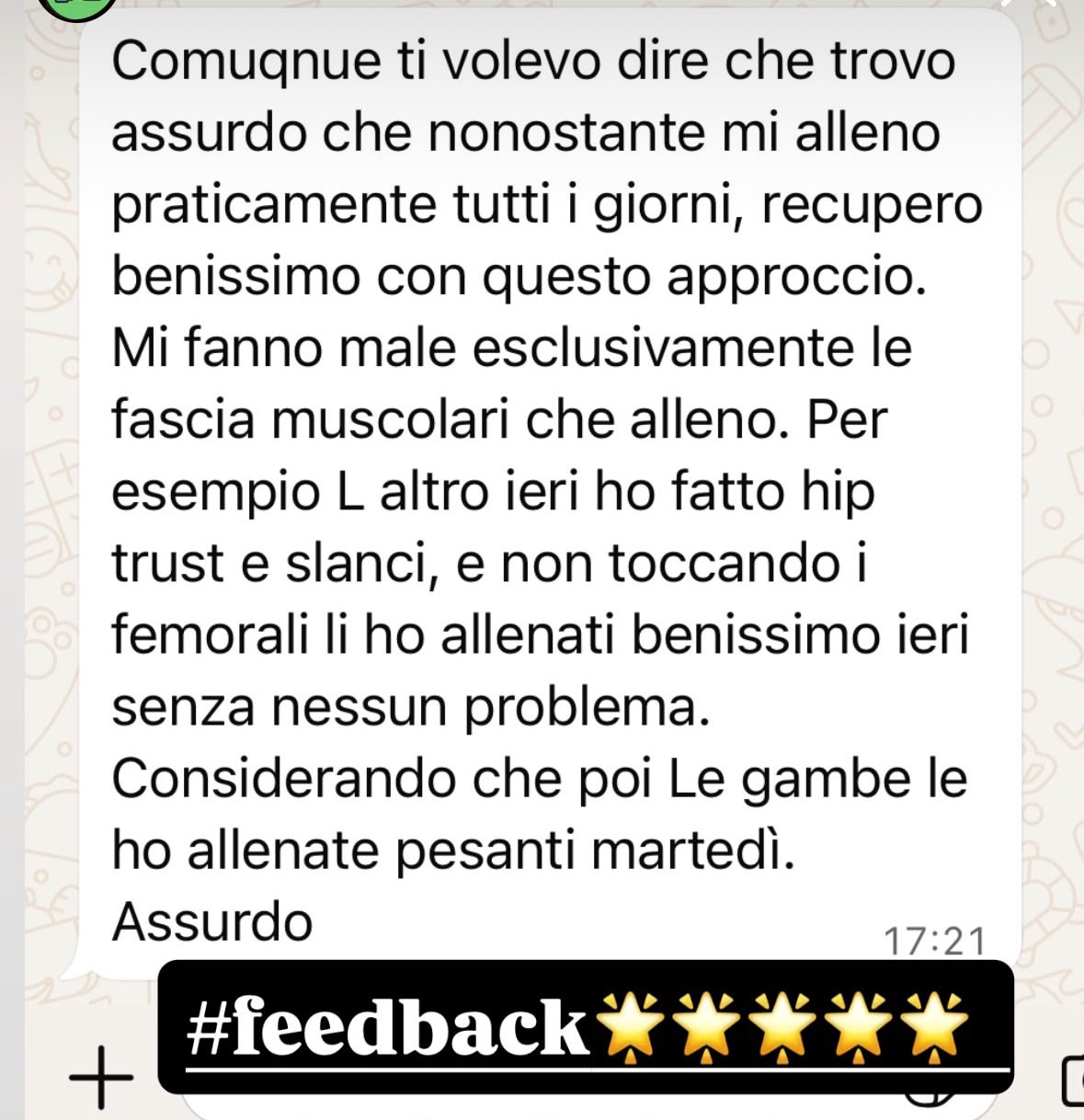 Messaggio WhatsApp su recupero muscolare e gestione dei carichi