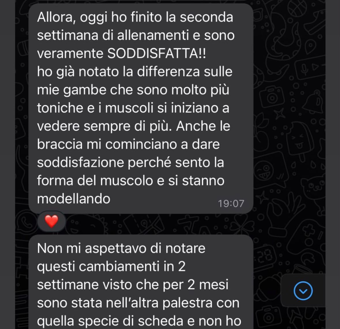 Messaggio WhatsApp sui primi risultati dopo due settimane