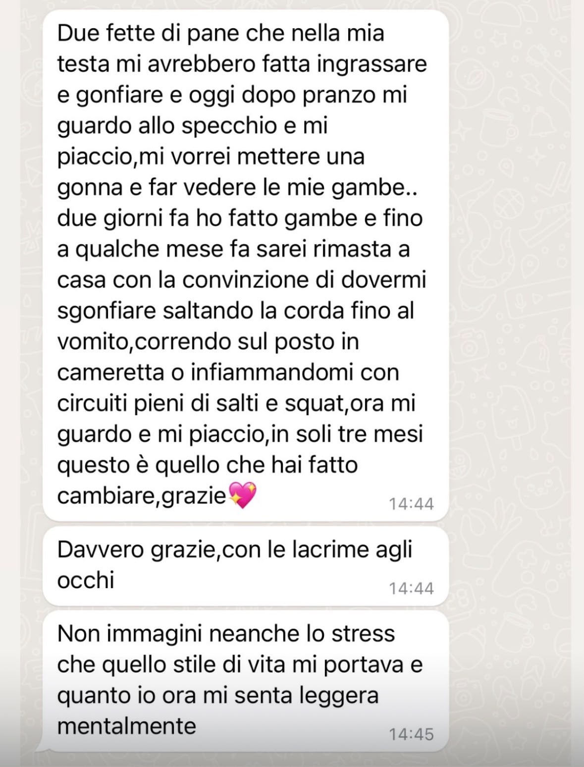 Messaggio WhatsApp su libertà alimentare e serenità mentale