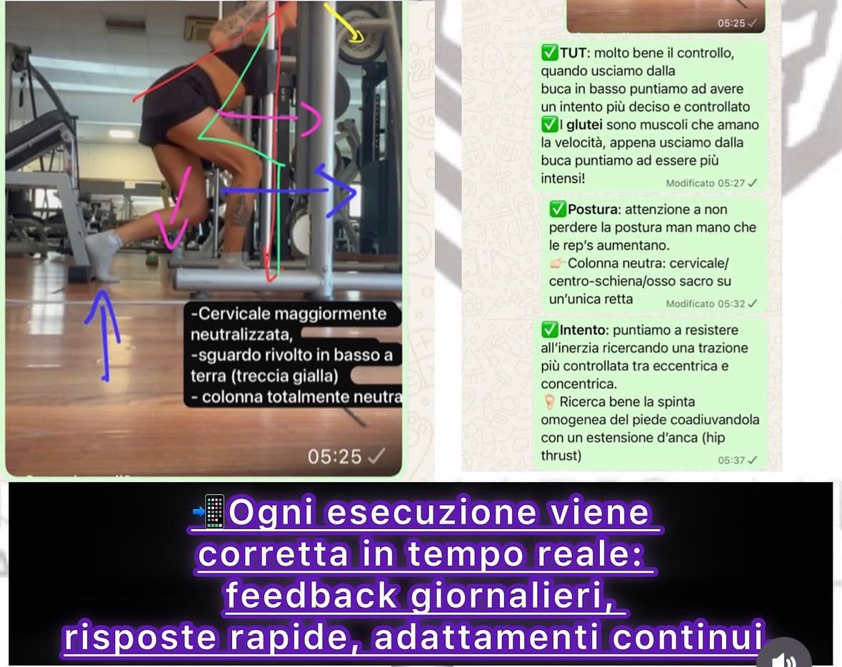 Chat di feedback tecnico con correzioni su TUT, postura e intento