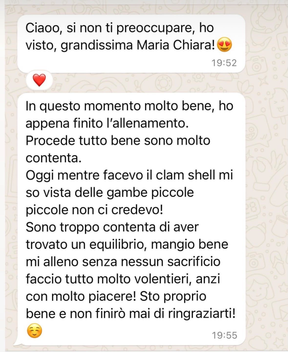 Messaggio WhatsApp di una cliente su equilibrio tra dieta e allenamento