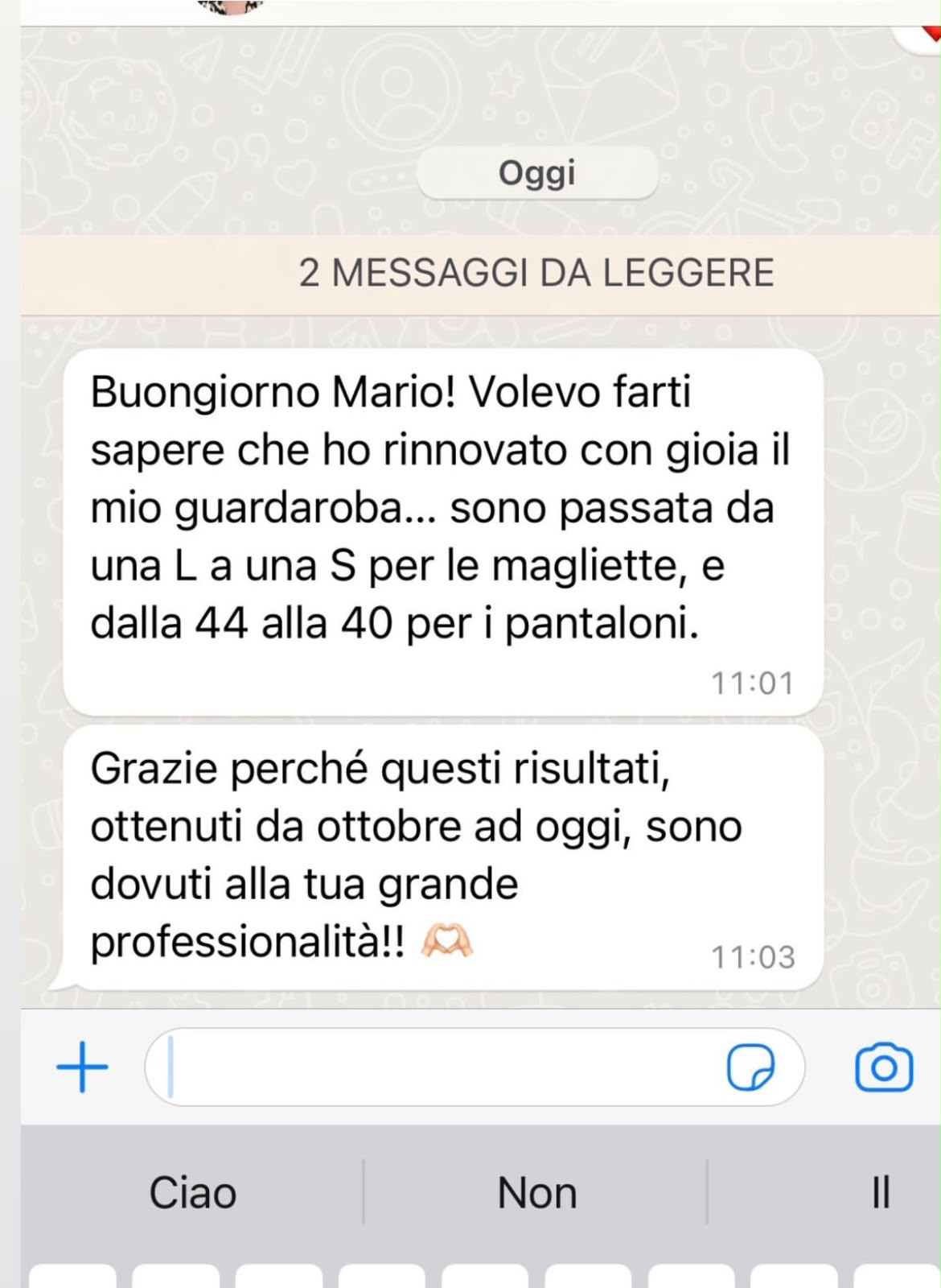 Messaggio WhatsApp su cambio taglia da L a S