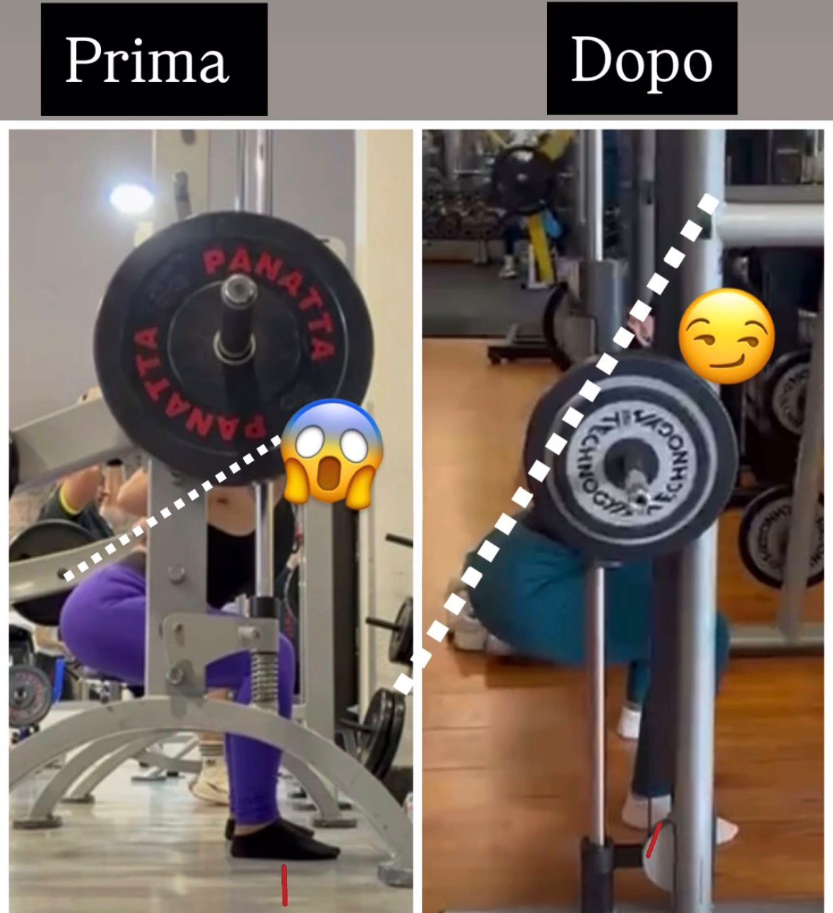 Confronto prima e dopo dell'assetto in accosciata al multipower