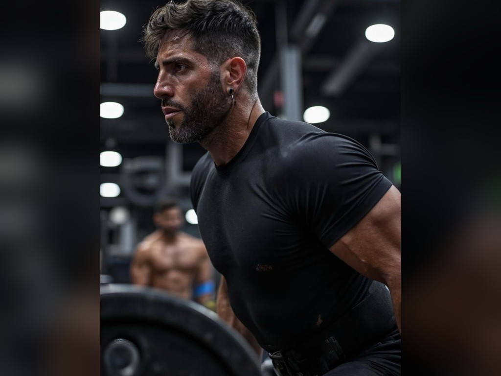 Mario Mattei in palestra, concentrato durante l'allenamento